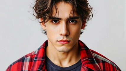 Young man with tousled hair wears red plaid shirt and dark t-shirt in studio setting, looking confidently at camera - Powered by Adobe