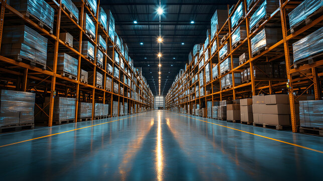 A high-resolution image of a vast industrial warehouse with towering shelves filled with neatly stacked and wrapped goods