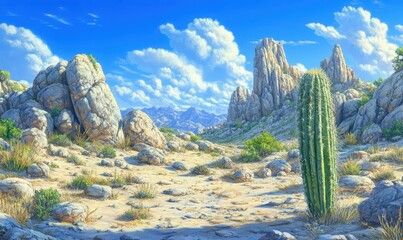 Desert landscape cactus, rocks, mountains under sunny sky; ideal for travel, nature posters