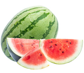 Fresh whole watermelon with juicy red slices isolated