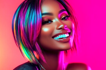 Short hairdo - multicolored hair. Commercial marketing idea. Lovely smiling black girl - for ads, alley poster ad and social platforms promotion use. Modern advertising campaign.