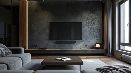 TV lounge interior design in home with LED hanging on wall