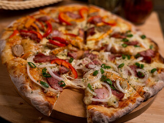 pizza on a wooden table