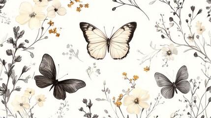 Elegant Artistic Design Featuring Butterflies and Flowers in a Floral Arrangement on a Soft Background