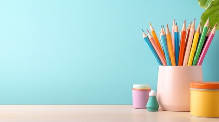 Colorful pencils in a holder, stationery on desk with light blue wall, plants and jars; use for education