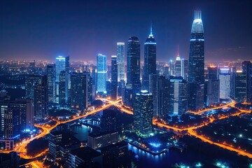 Obraz premium Stunning Nighttime Cityscape with Illuminated Urban Skyline and Bright Lights