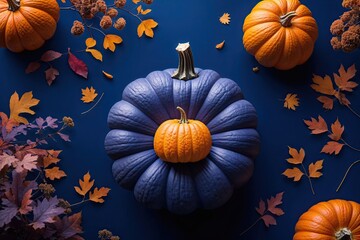 Serene Pumpkin Design on Deep Blue Backdrop with Seasonal Tones and Soft Saffron to Dark Purple Gradient for Attractive Webpage Banner