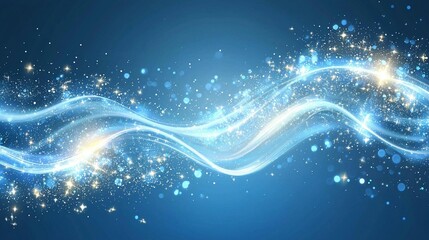 Abstract blue wave with glowing particles and sparkles.