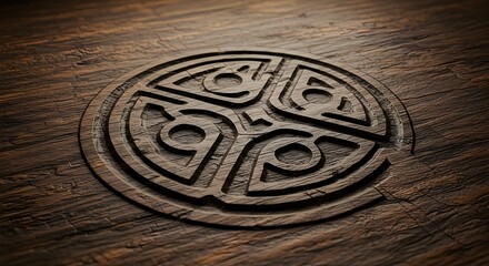 Carved Wooden Celtic Symbol on Dark Rustic Wooden Surface Texture