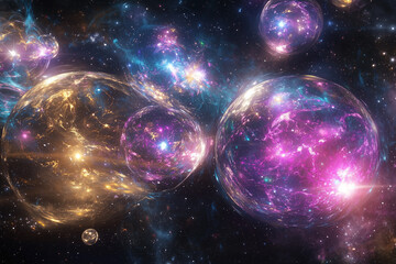 Vibrant and colorful depiction of fantasy galaxies with glowing celestial orbs and stars in a mystical cosmos.