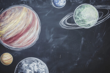 Artistic hand-drawn illustration of the solar system on a chalkboard.