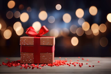 gift box with red bow on a table background