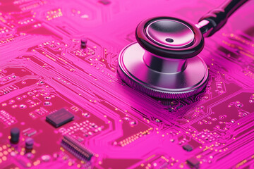 Pink circuit board with a stethoscope highlighting futuristic medical technology and diagnostics.