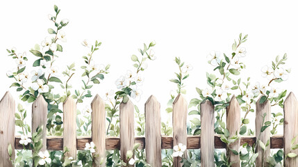 Blooming Fence: A rustic wooden fence is adorned with delicate white blossoms and lush green foliage, creating a scene of idyllic charm and natural beauty.