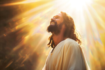 Portrait of Jesus Christ Resurrected with divine light and a radiant smile celebrating Easter Sunday as a symbol of faith and glory