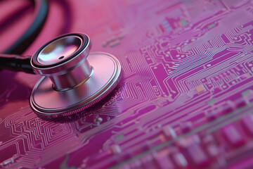 Close-up of a pink circuit board with a stethoscope, representing futuristic medical diagnostics technology.