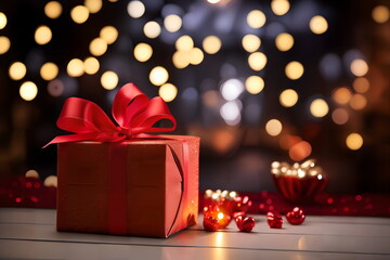 gift box with red bow on a table background
