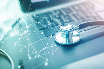 Futuristic healthcare concept with a stethoscope overlaid by digital networks, symbolizing innovation in medical technology.