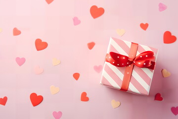 valentines day tabletop decoration with paper hearts and gift box 