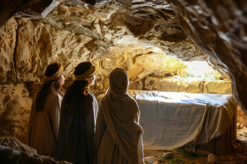 Three Women Finding Jesus’ Empty Tomb and seeing only the burial shroud left as proof of his miraculous resurrection