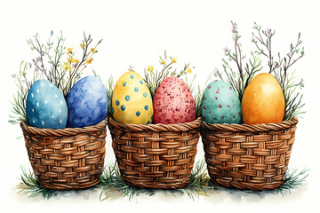Basket of Colorful Eggs:  A vibrant, artistic display of decorated Easter eggs nestled in rustic woven baskets, a charming springtime scene filled with color and festivity.