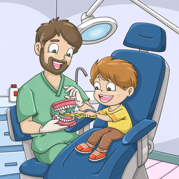 Ni&ntilde;o en la consulta del dentista aprendiendo a lavarse los dientes.