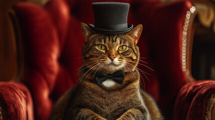 ginger cat wearing a top hat and bow tie sits majestically in a plush antique chair The image evokes a sense of sophisticated charm and elegance