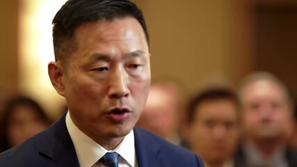 Asian businessman delivering engaging speech to audience at corporate event