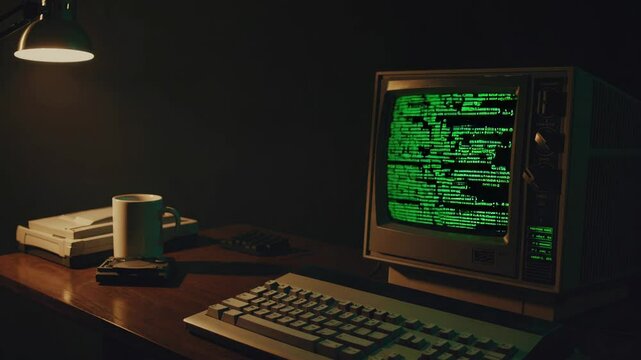 Vintage computer coding scene with green text on crt monitor in dimly lit room