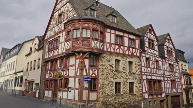 Beautifully preserved medieval half-timbered house with intricate designs in the Rhine Valley, Rhens, Germany
