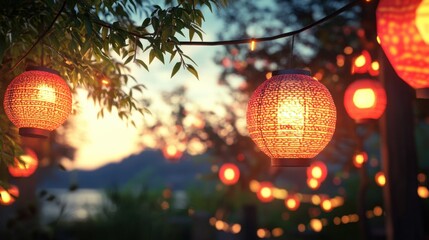 Obraz premium Beautiful Lanterns Hanging in Garden at Sunset with Soft Glow