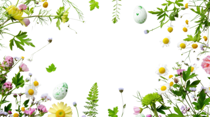 Easter eggs and spring flowers frame on transparent background