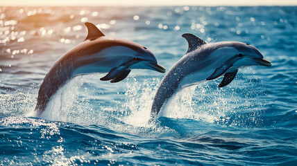 Fototapeta premium Two dolphins leap from blue ocean waves at sunset