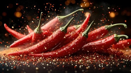 Spicy red chilies with spice explosion