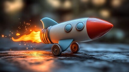 Toy rocket launching, sunset background, startup concept