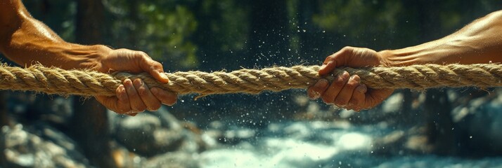 Two individuals engage in a competitive tug-of-war, pulling on opposite ends of a rope with determination. 