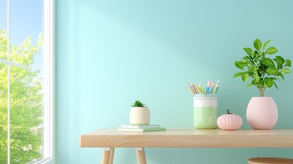 Cozy workspace with plants on a desk by a window. Could be used for relaxation or creativity