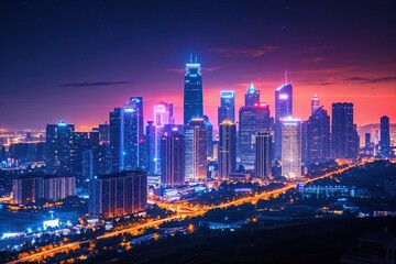 Obraz premium Stunning Nighttime Urban Skyline Illuminated by Bright City Lights