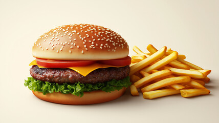 Hamburger with fries on white background. Fast food related topics. Topics related to malnutrition. Job offer. Image for graphic designer. Image for flyers