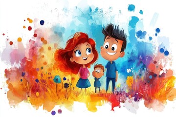 A family of three enjoys a playful moment in a colorful garden filled with wildflowers. Their smiles and the cheerful atmosphere enhance the vibrant scene