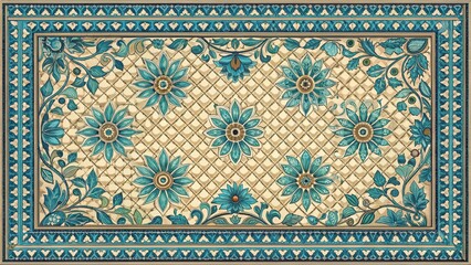 Traditional Greek floral tile mosaic with turquoise and blue hues, set against a warm beige background for seamless use in design projects, Traditional Greek, Blue