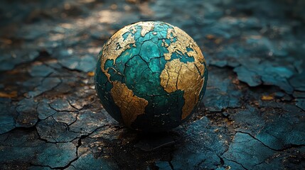 Cracked Earth Globe Showing Global Warming and Climate Change Impact Depicted in a Dark Teal and Gold Artistic 3D Render