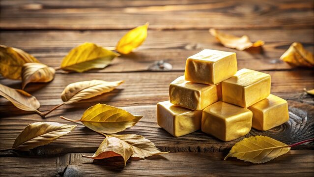 A cluster of golden butter cubes rests on a worn wooden table, amidst a scattering of leaves and twigs, conveying a sense of rustic simplicity and natural charm , kitchen, vintage