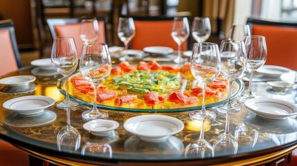 Elegant Dining Setup with Fresh Ingredients on Round Table Display