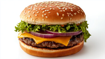 A perfectly grilled hamburger with a sesame seed bun, juicy beef patty, melted cheese