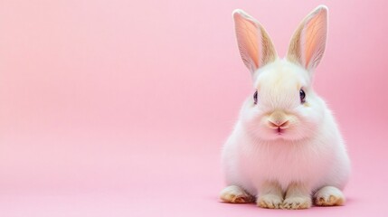 Obraz premium Photo of a little bunny, on a soft pink background Easter theme