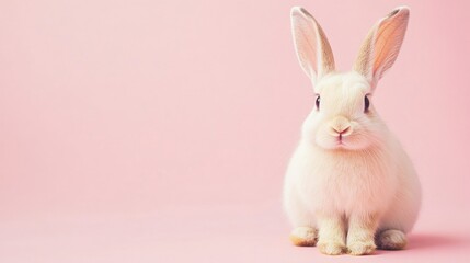 Obraz premium Photo of a little bunny, on a soft pink background Easter theme