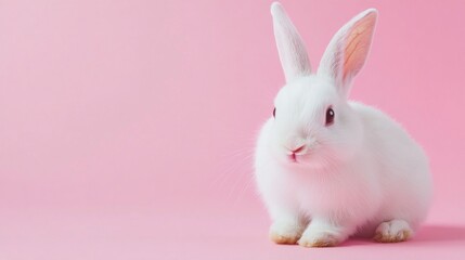Obraz premium Photo of a little bunny, on a soft pink background Easter theme