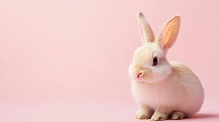 Obraz premium Photo of a little bunny, on a soft pink background Easter theme