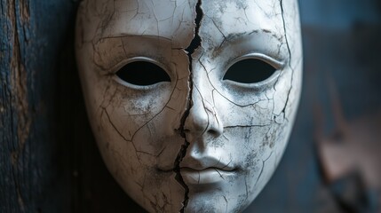 Cracked porcelain mask face fragmented self dark background AI generated